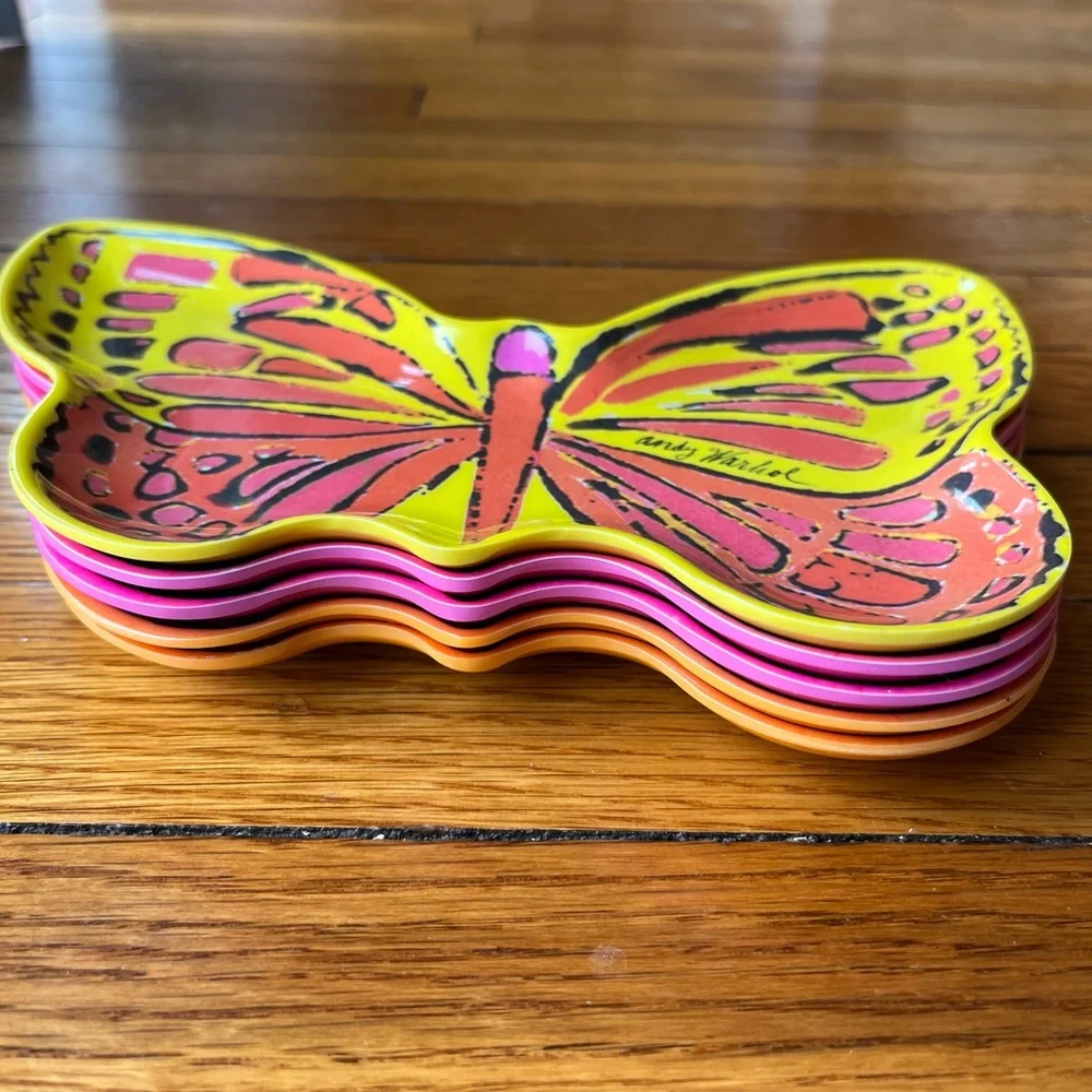Andy Warhol Butterfly Multicolor Melamine Plates Set of 5 - Picture 7 of 8